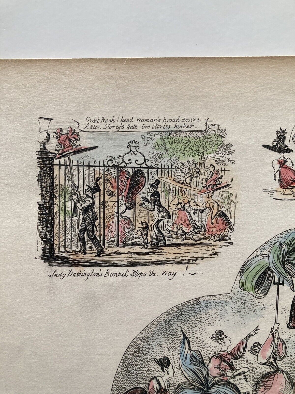 George Cruikshank Hand Colored Etching Print Bonnet Building Caricature 1828