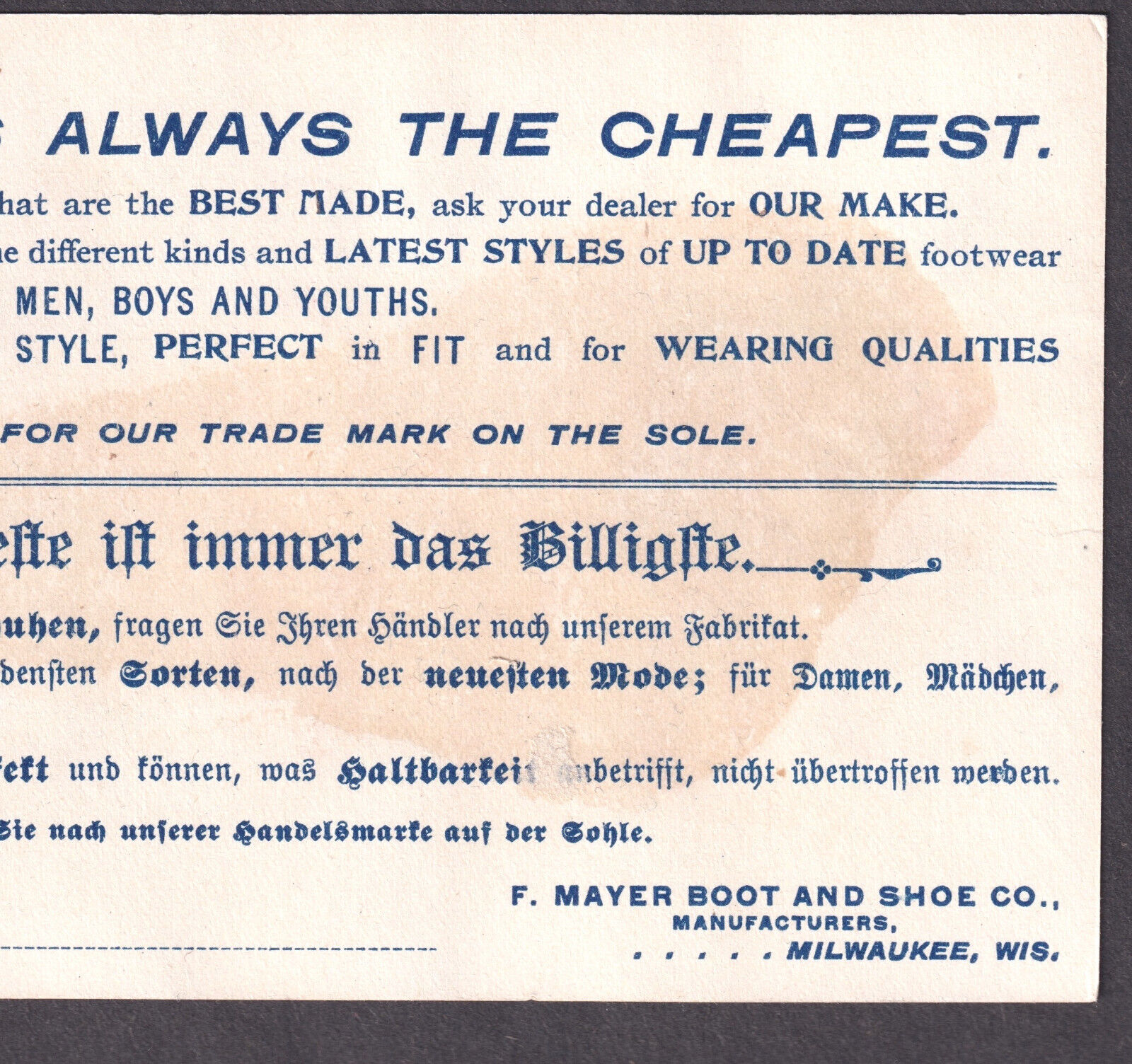 1800's Labor War & Politics Illustration Mayer Shoe Poem Comic Advertising Card