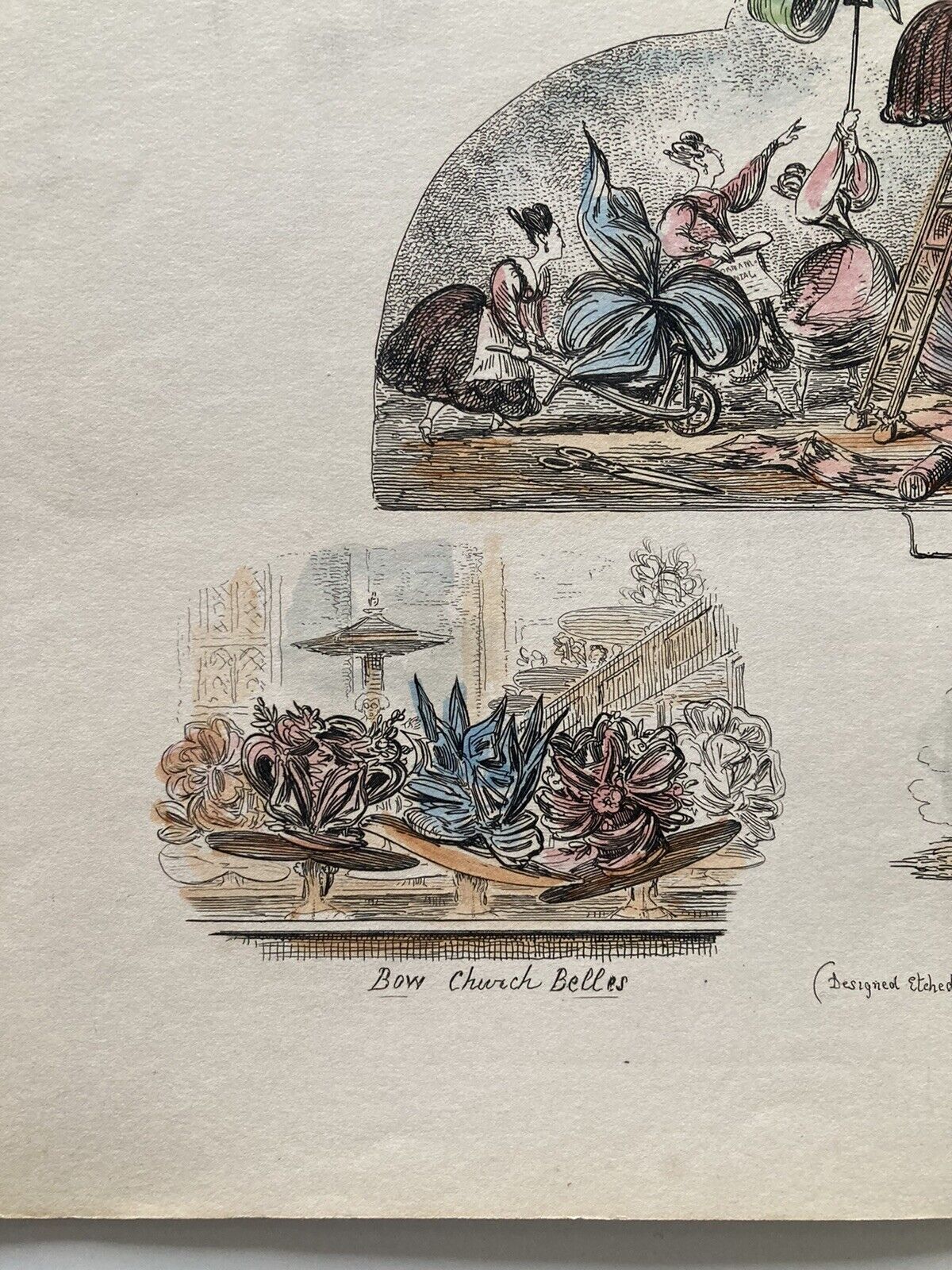 George Cruikshank Hand Colored Etching Print Bonnet Building Caricature 1828