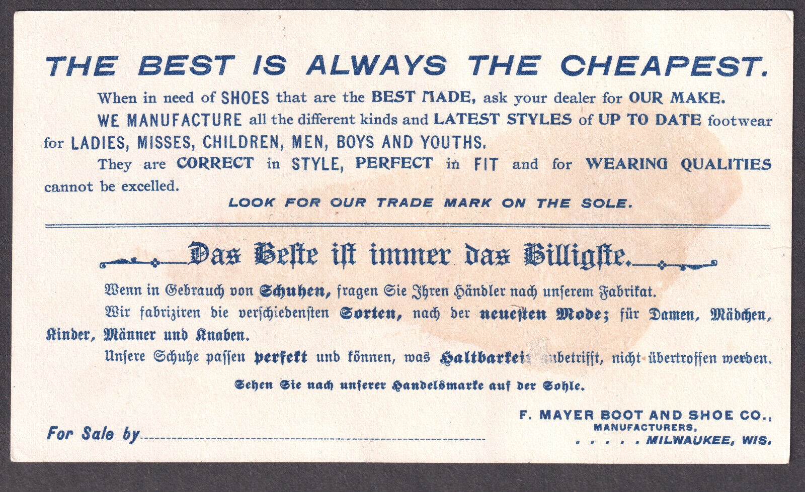 1800's Labor War & Politics Illustration Mayer Shoe Poem Comic Advertising Card