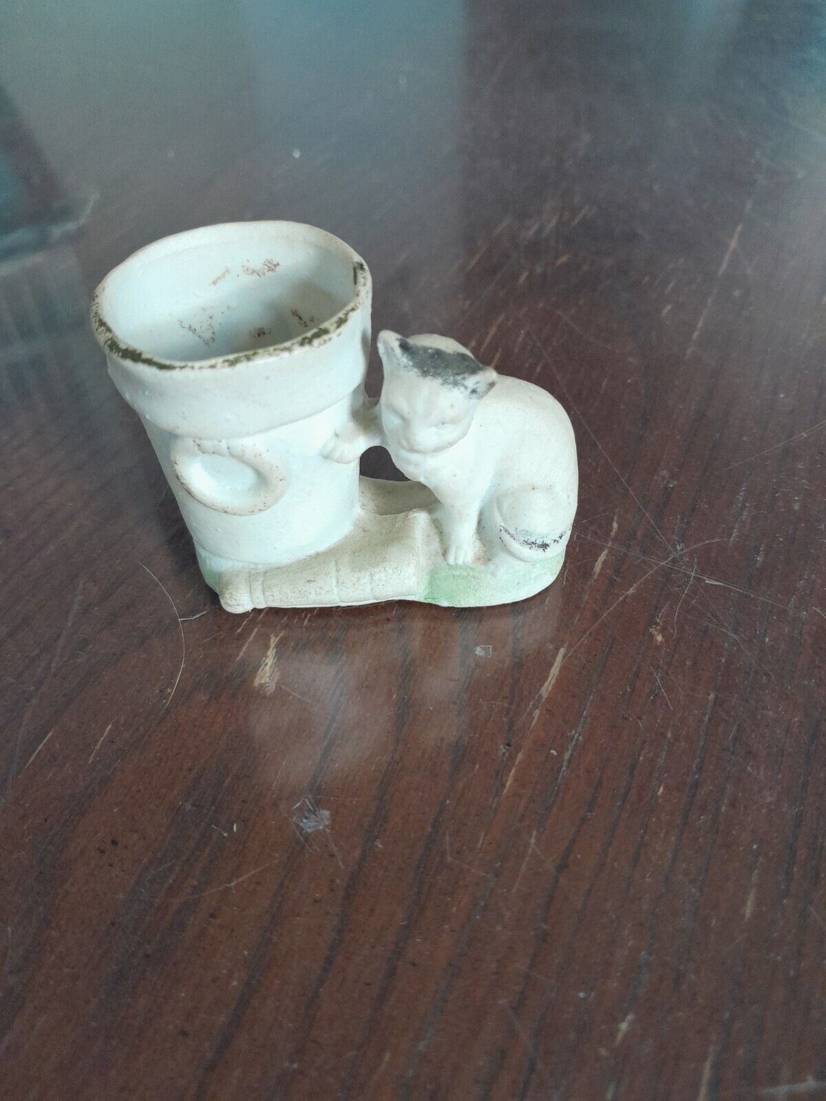 Bisque Hand Painted Cat Bucket Toothpick Holder Made In Germany Dated Back 1800s