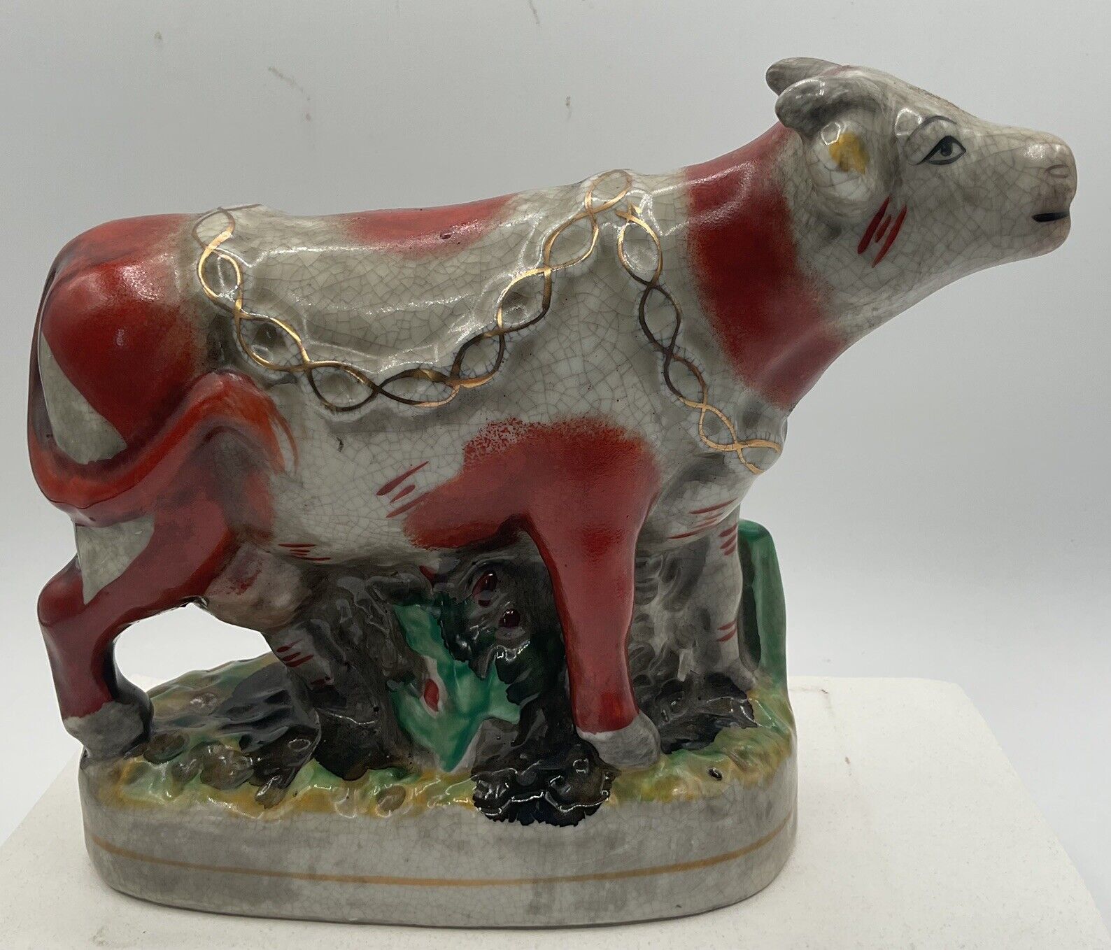 Antique Mid 1800’s Staffordshire Cow Statue One Sided England(10)