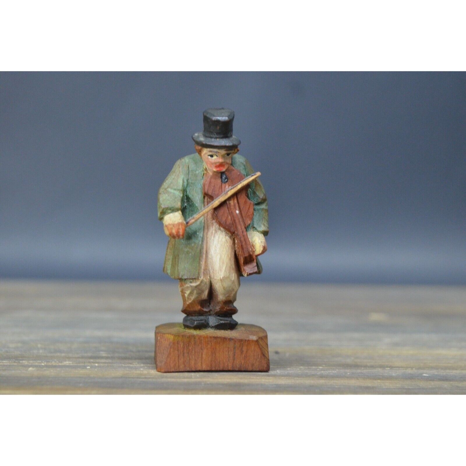 Vintage Carved Wooden Musician Man Playing Violin 1800's Attire Signed