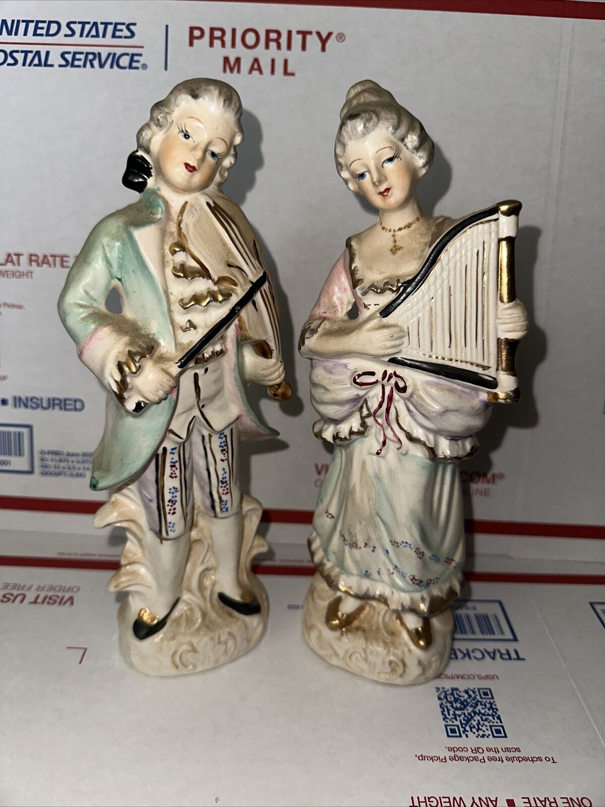 Vintage Pair Couple Figurines 1800's Playing Music Violin Lyre Japan 1036