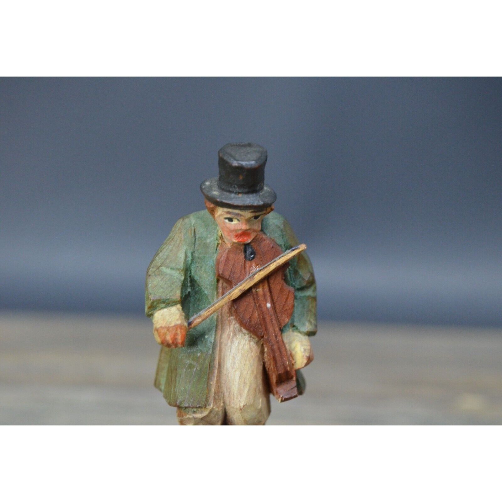Vintage Carved Wooden Musician Man Playing Violin 1800's Attire Signed