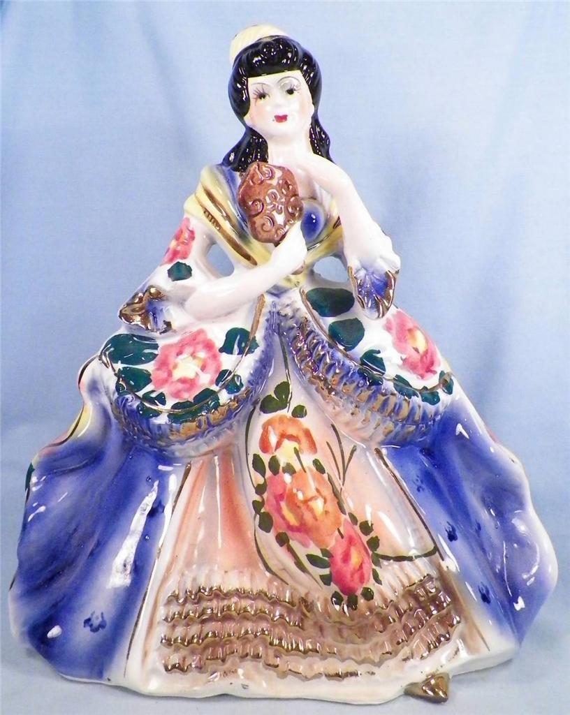 Figurine Young Woman with Mirror Porcelain 1800s Dress Colorful Large Vintage