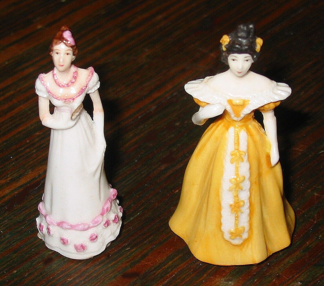 Two Miniature Figurines of Women, Dressed Early 1800s, approx. 1 7/8" high