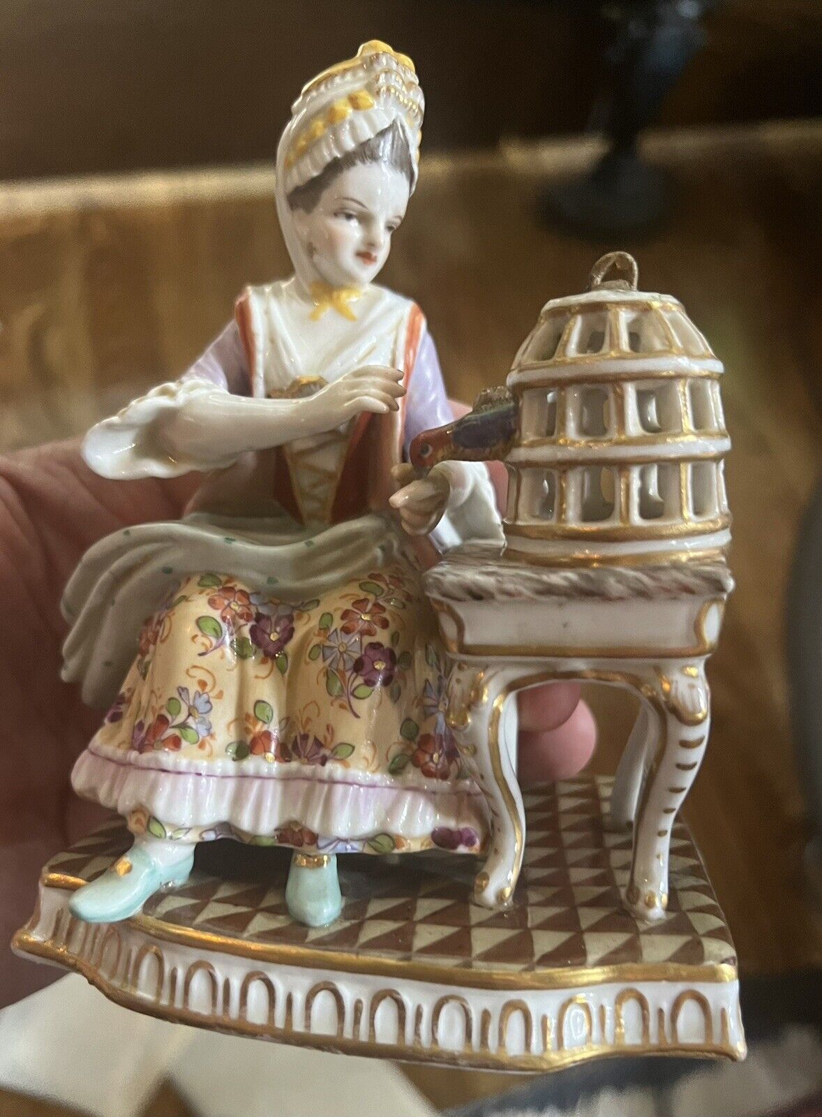 Dresden German Porcelain Figurine of Woman with Birdcage and Bird mid-1800's