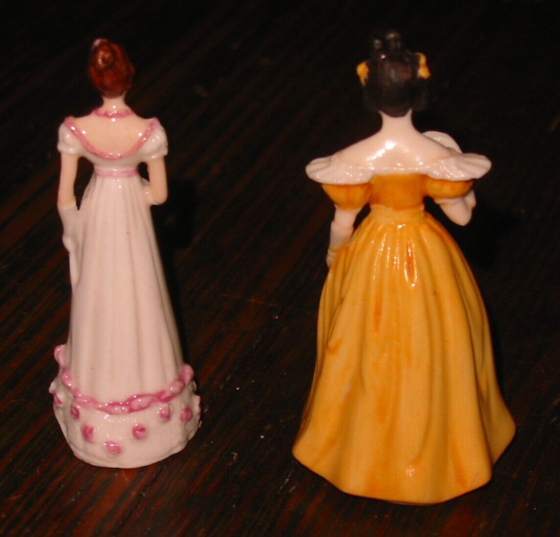Two Miniature Figurines of Women, Dressed Early 1800s, approx. 1 7/8" high