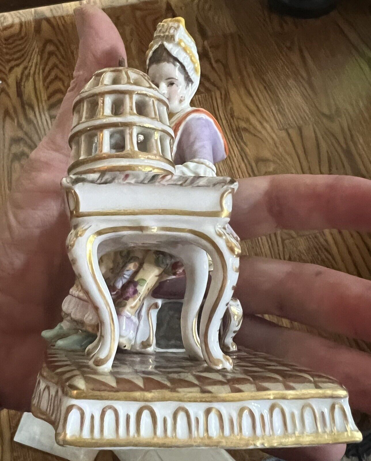 Dresden German Porcelain Figurine of Woman with Birdcage and Bird mid-1800's