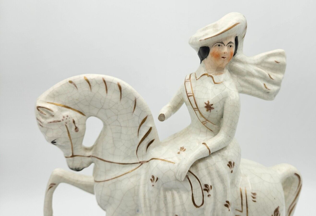 Staffordshire Porcelain Figure of a Queen on a Horse Victorian 1800s Broken Arm