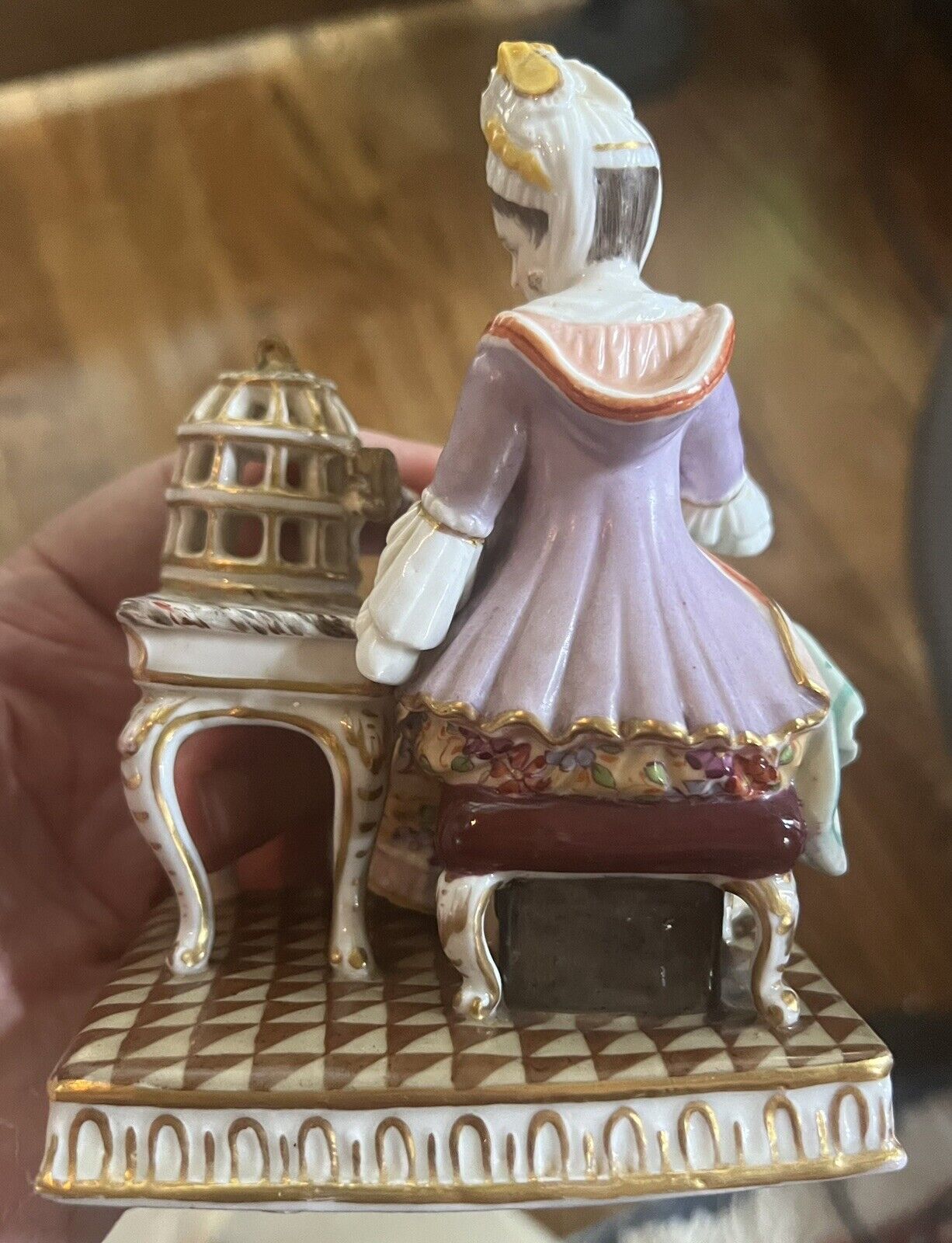 Dresden German Porcelain Figurine of Woman with Birdcage and Bird mid-1800's