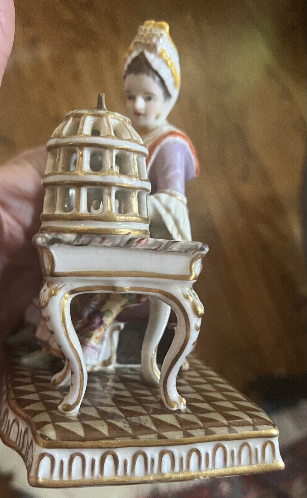 Dresden German Porcelain Figurine of Woman with Birdcage and Bird mid-1800's