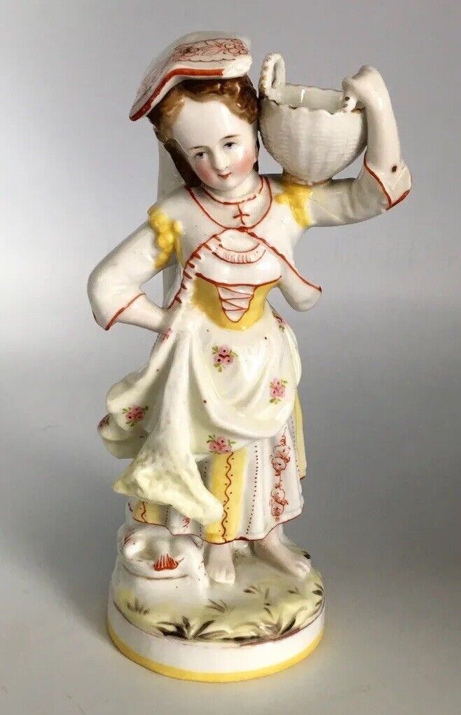 RARE 1800s Conta & Boehme, Germany Hand Painted Lady w/ Basket Figurine 7” Tall