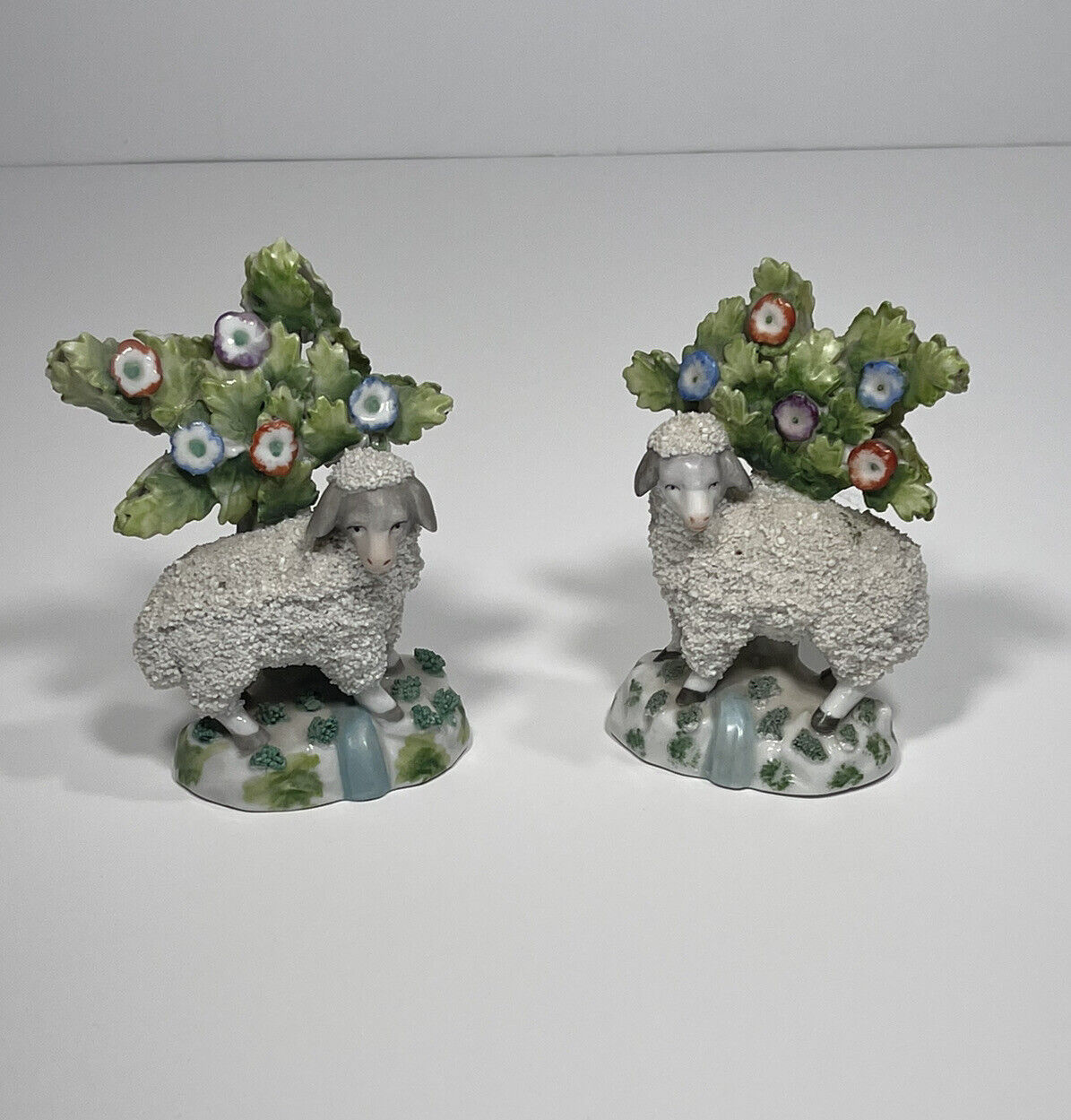 2 Antique German 1800’s Anchor Mark Porcelain Encrusted Flocked Lamb Sheep Pair