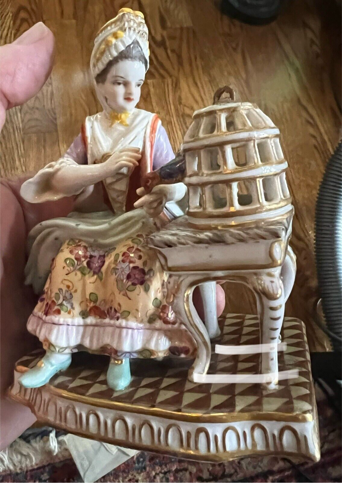 Dresden German Porcelain Figurine of Woman with Birdcage and Bird mid-1800's