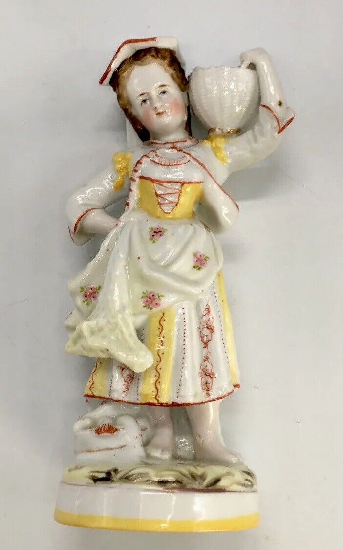 RARE 1800s Conta & Boehme, Germany Hand Painted Lady w/ Basket Figurine 7” Tall