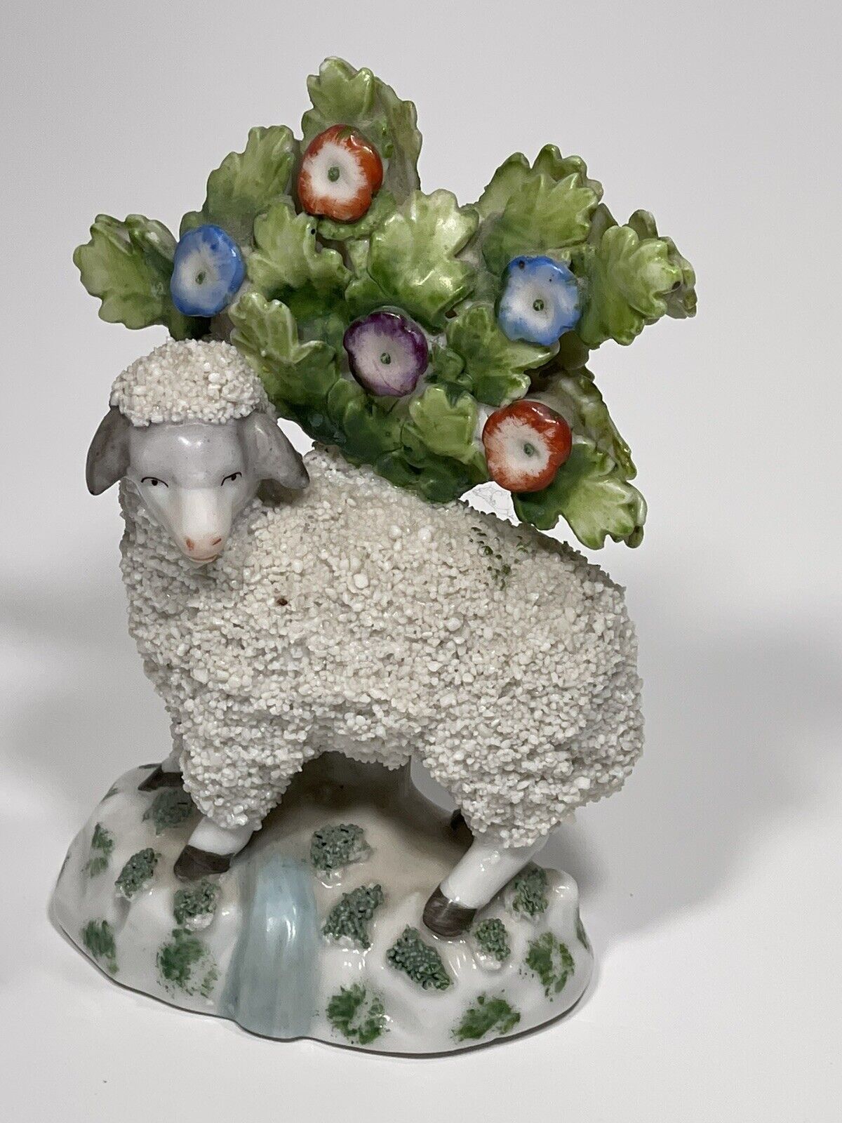 2 Antique German 1800’s Anchor Mark Porcelain Encrusted Flocked Lamb Sheep Pair