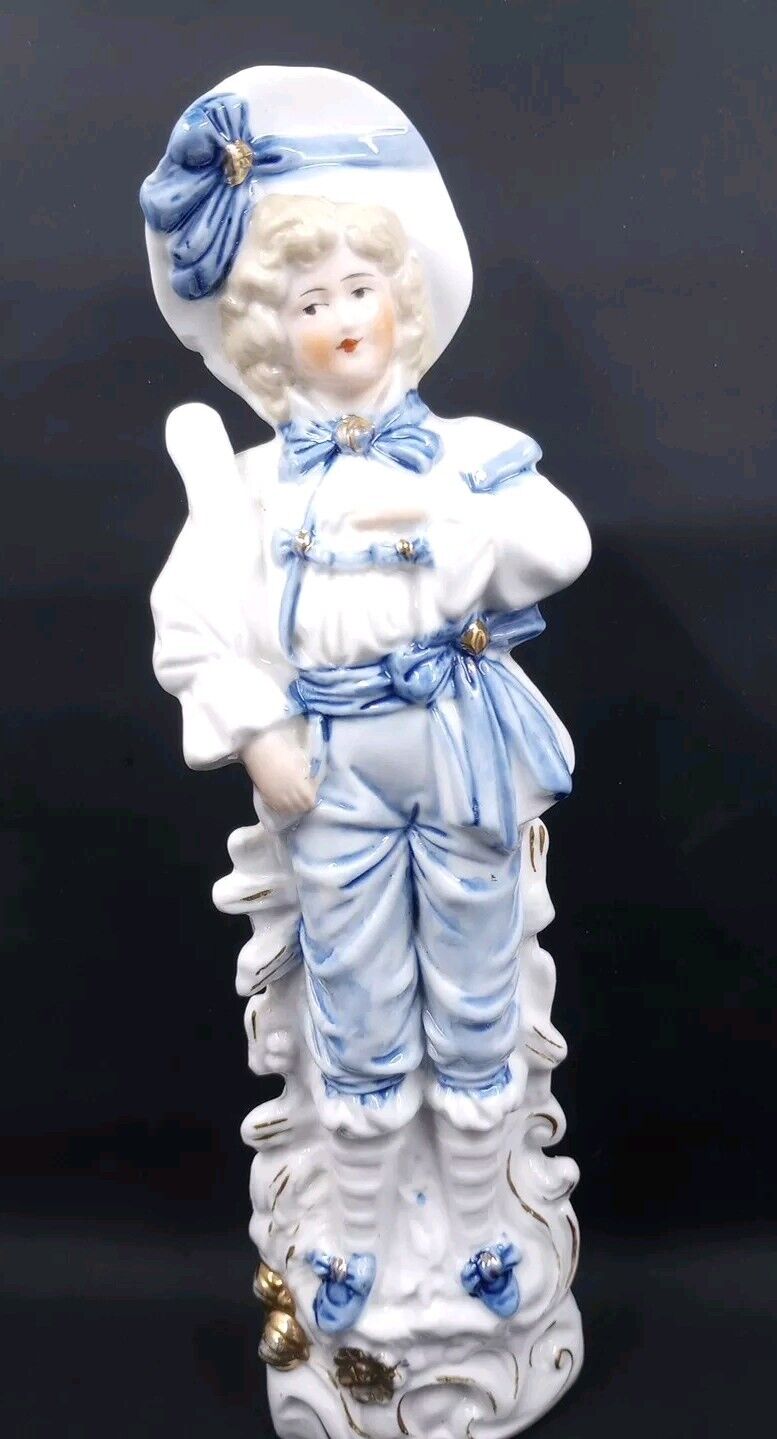 Flat back Porcelain Figurine 1800's Staffordshire Pottery Blue   White Girl 8911