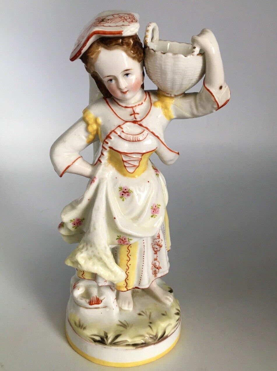 RARE 1800s Conta & Boehme, Germany Hand Painted Lady w/ Basket Figurine 7” Tall