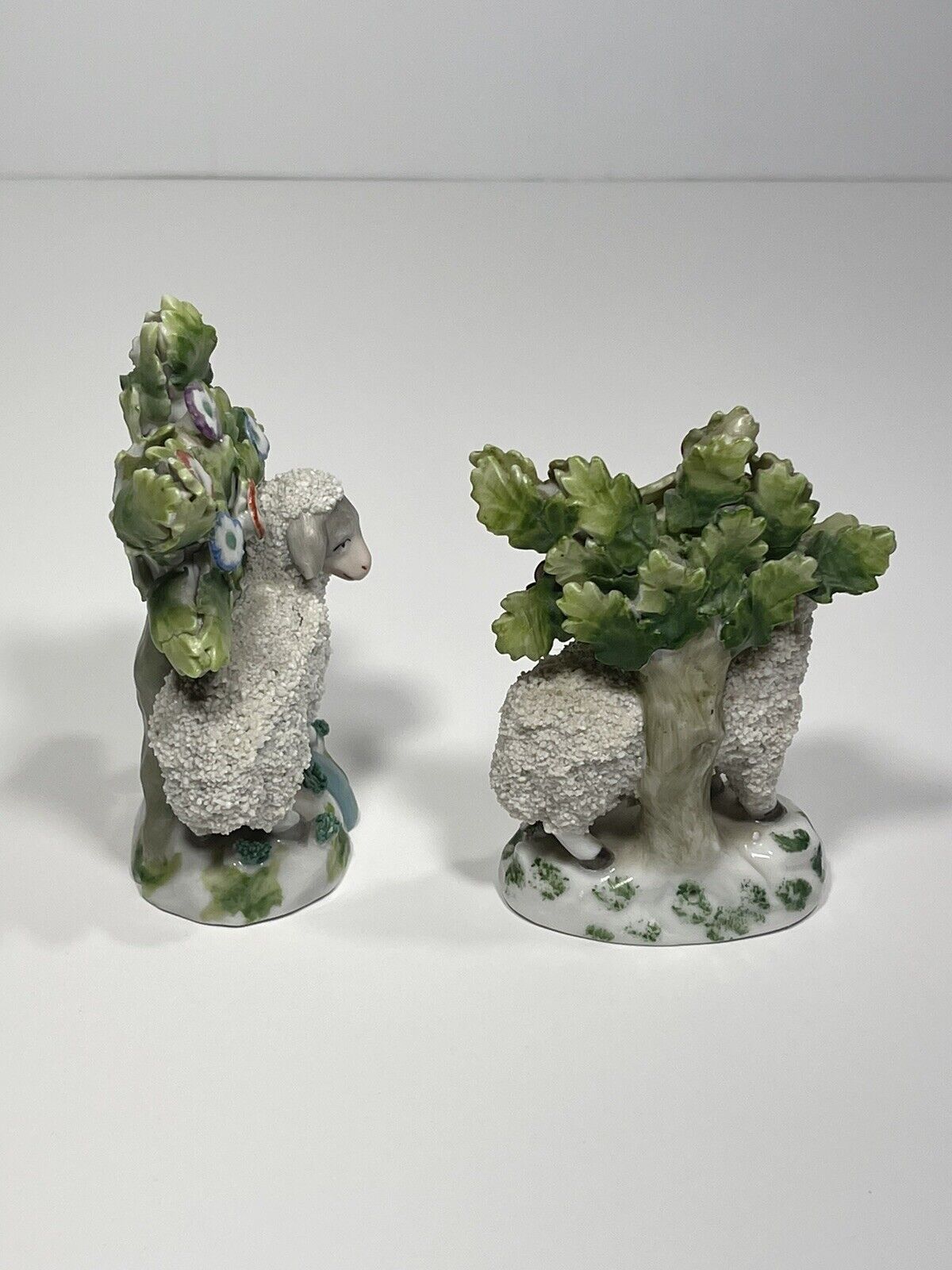 2 Antique German 1800’s Anchor Mark Porcelain Encrusted Flocked Lamb Sheep Pair