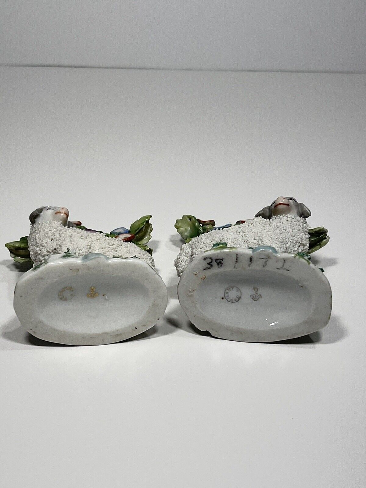 2 Antique German 1800’s Anchor Mark Porcelain Encrusted Flocked Lamb Sheep Pair