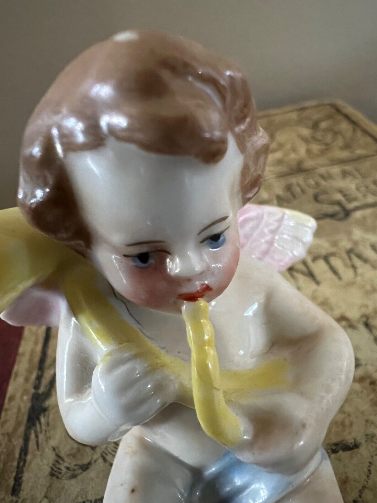 Very old German 1800s Cherub Putti playing horn Scheibe Alsbach Germany