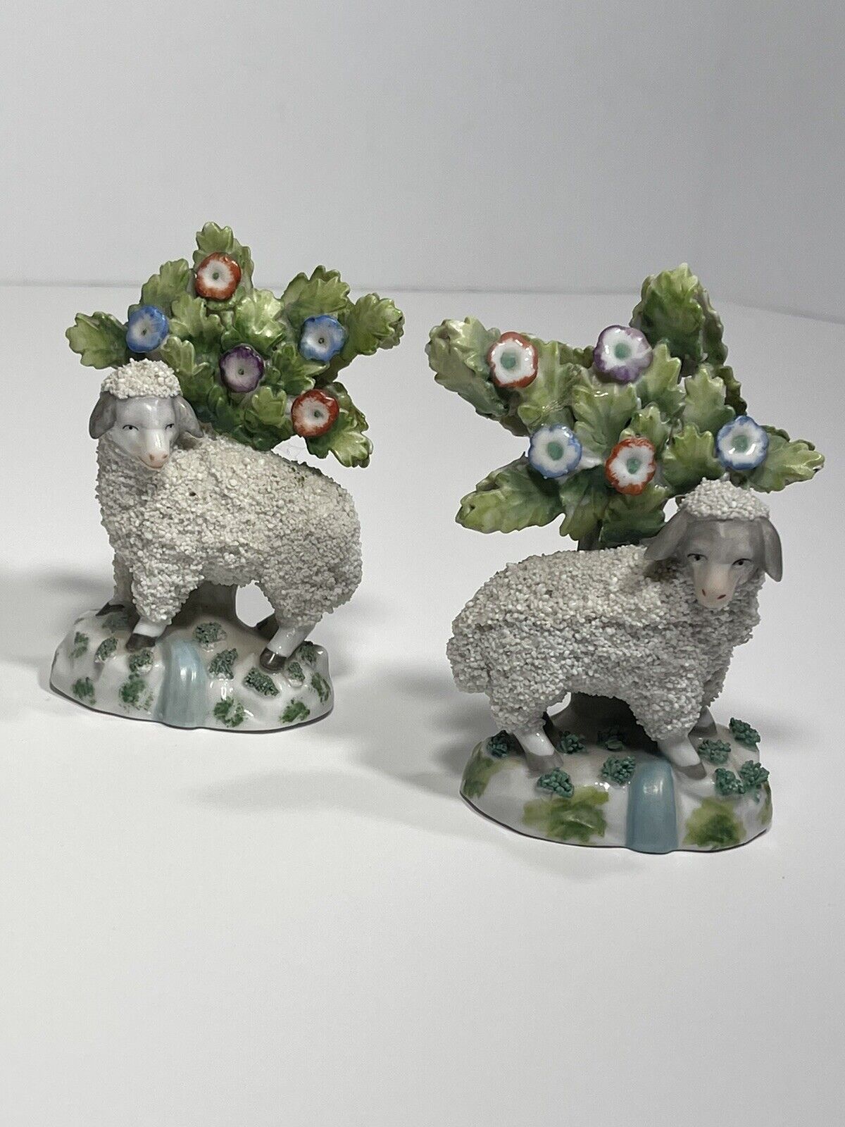 2 Antique German 1800’s Anchor Mark Porcelain Encrusted Flocked Lamb Sheep Pair