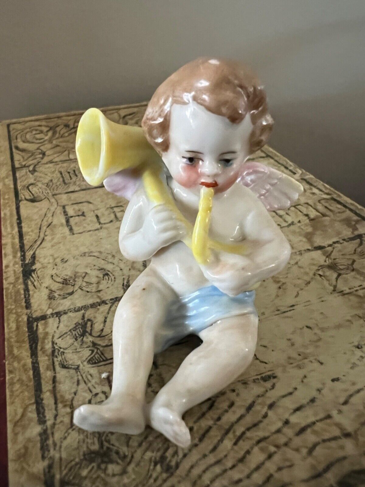 Very old German 1800s Cherub Putti playing horn Scheibe Alsbach Germany