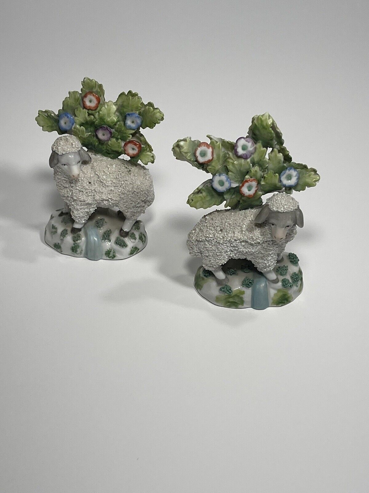 2 Antique German 1800’s Anchor Mark Porcelain Encrusted Flocked Lamb Sheep Pair