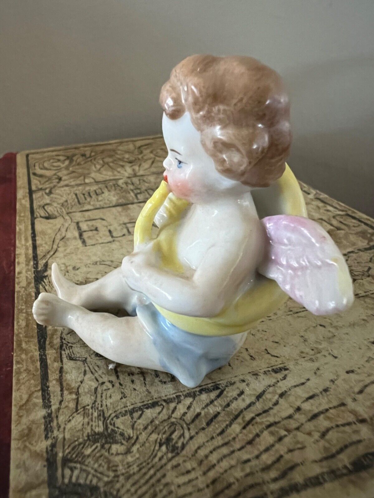 Very old German 1800s Cherub Putti playing horn Scheibe Alsbach Germany