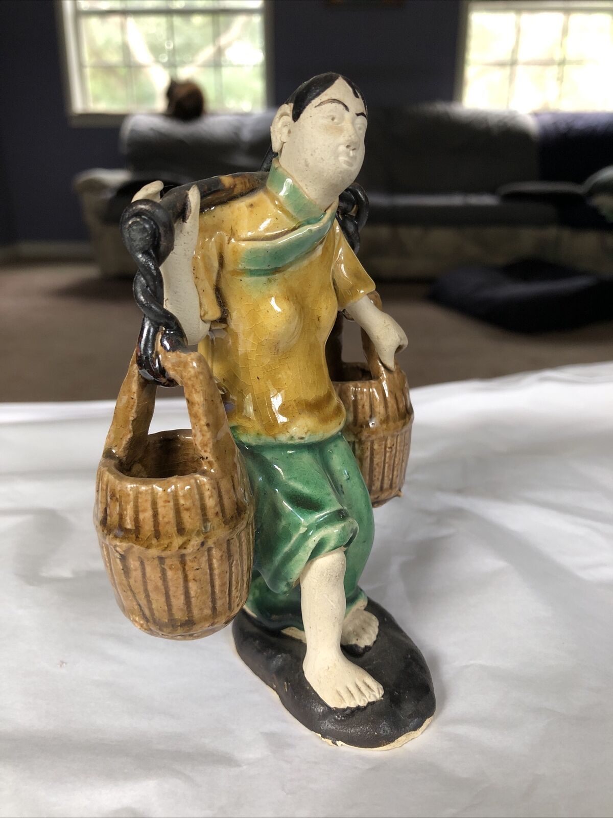 Antique Chinese Qing Dynasty, 1800’s Shiwan Art Pottery Mud Man, Woman Statue