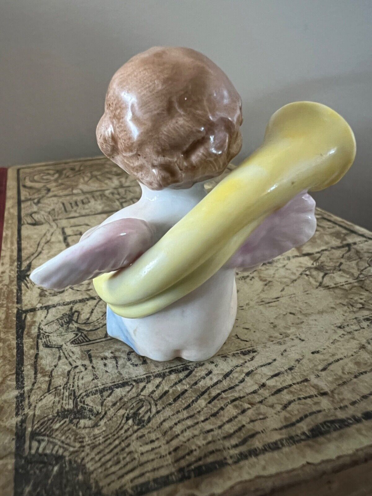 Very old German 1800s Cherub Putti playing horn Scheibe Alsbach Germany
