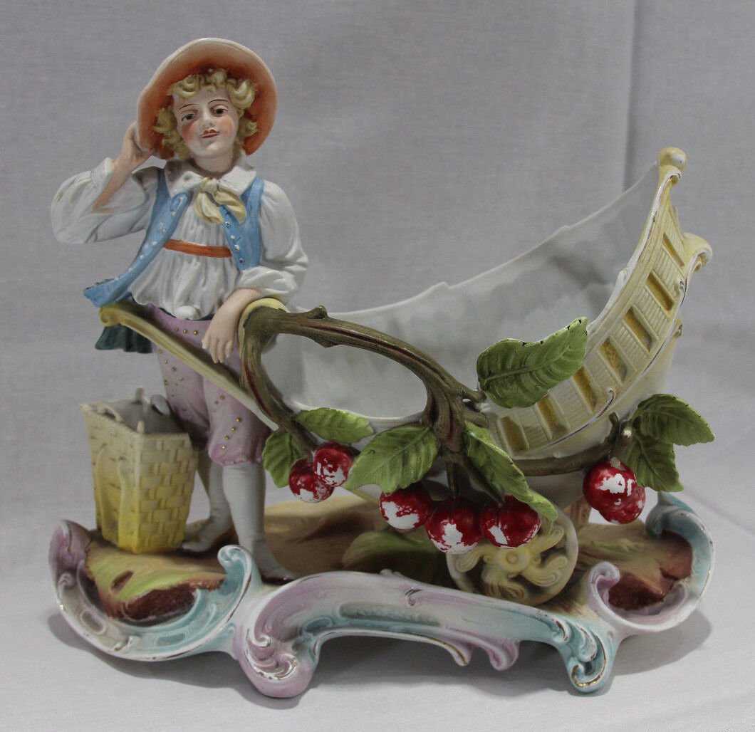 Antique Porcelain Figure of Boy with Cart and Apples - 10 1/2" Tall Figurine 
