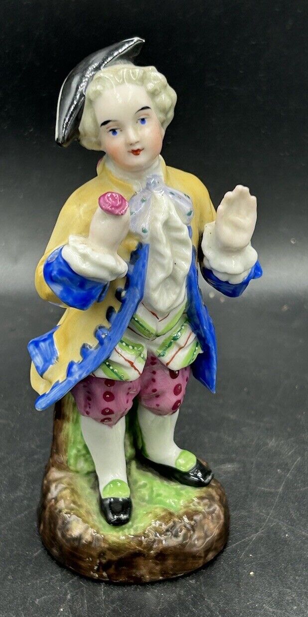 Antique Early 1800s Porcelain Boy W/ Tricorn Hat Flower In Hand 5” Tall