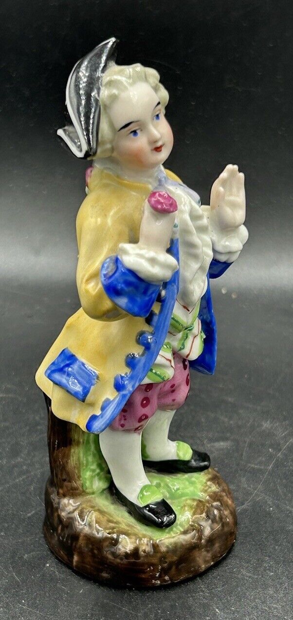 Antique Early 1800s Porcelain Boy W/ Tricorn Hat Flower In Hand 5” Tall