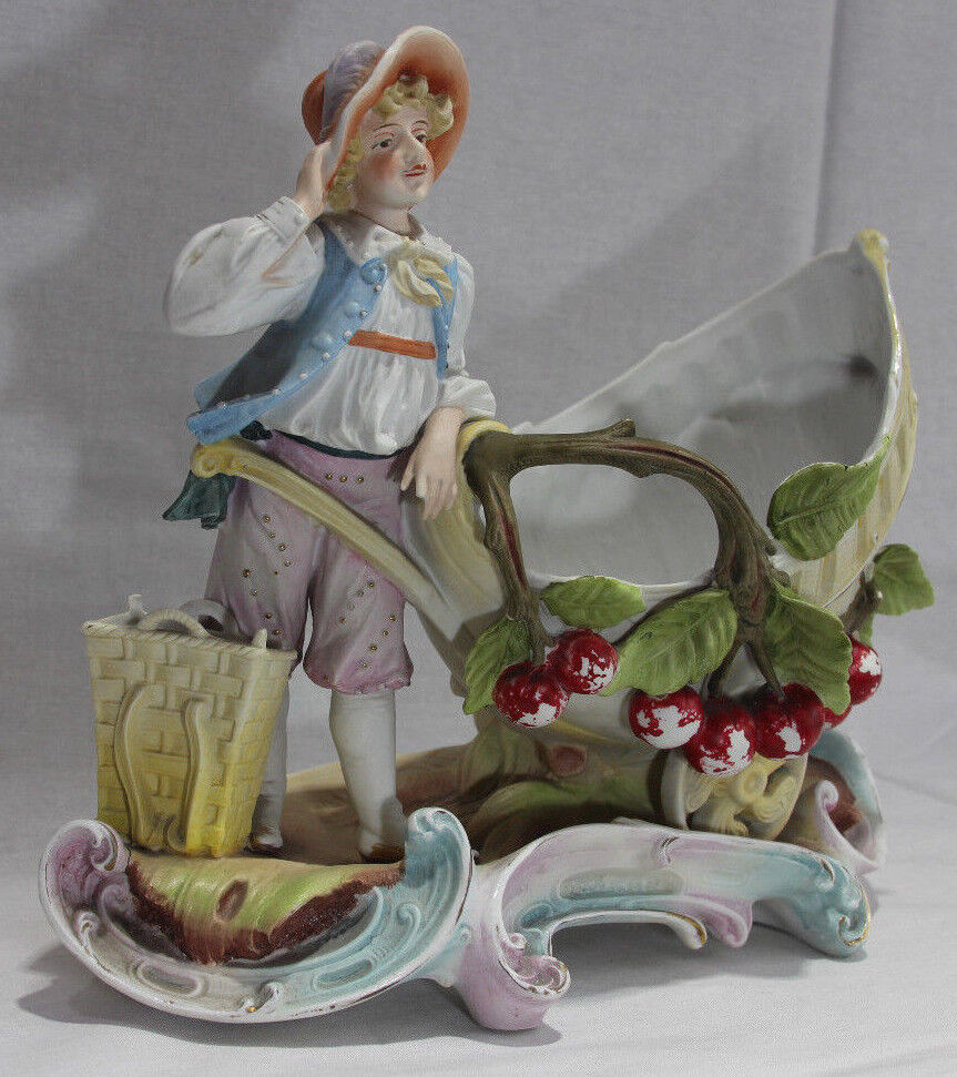 Antique Porcelain Figure of Boy with Cart and Apples - 10 1/2" Tall Figurine 