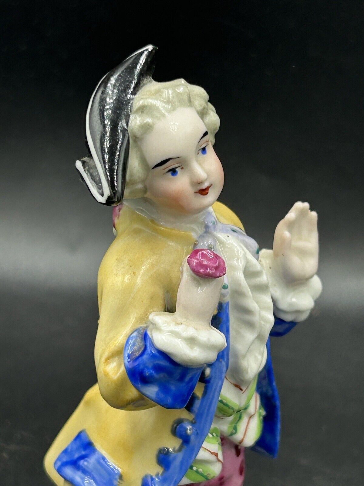 Antique Early 1800s Porcelain Boy W/ Tricorn Hat Flower In Hand 5” Tall