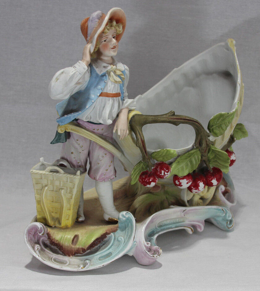Antique Porcelain Figure of Boy with Cart and Apples - 10 1/2" Tall Figurine 