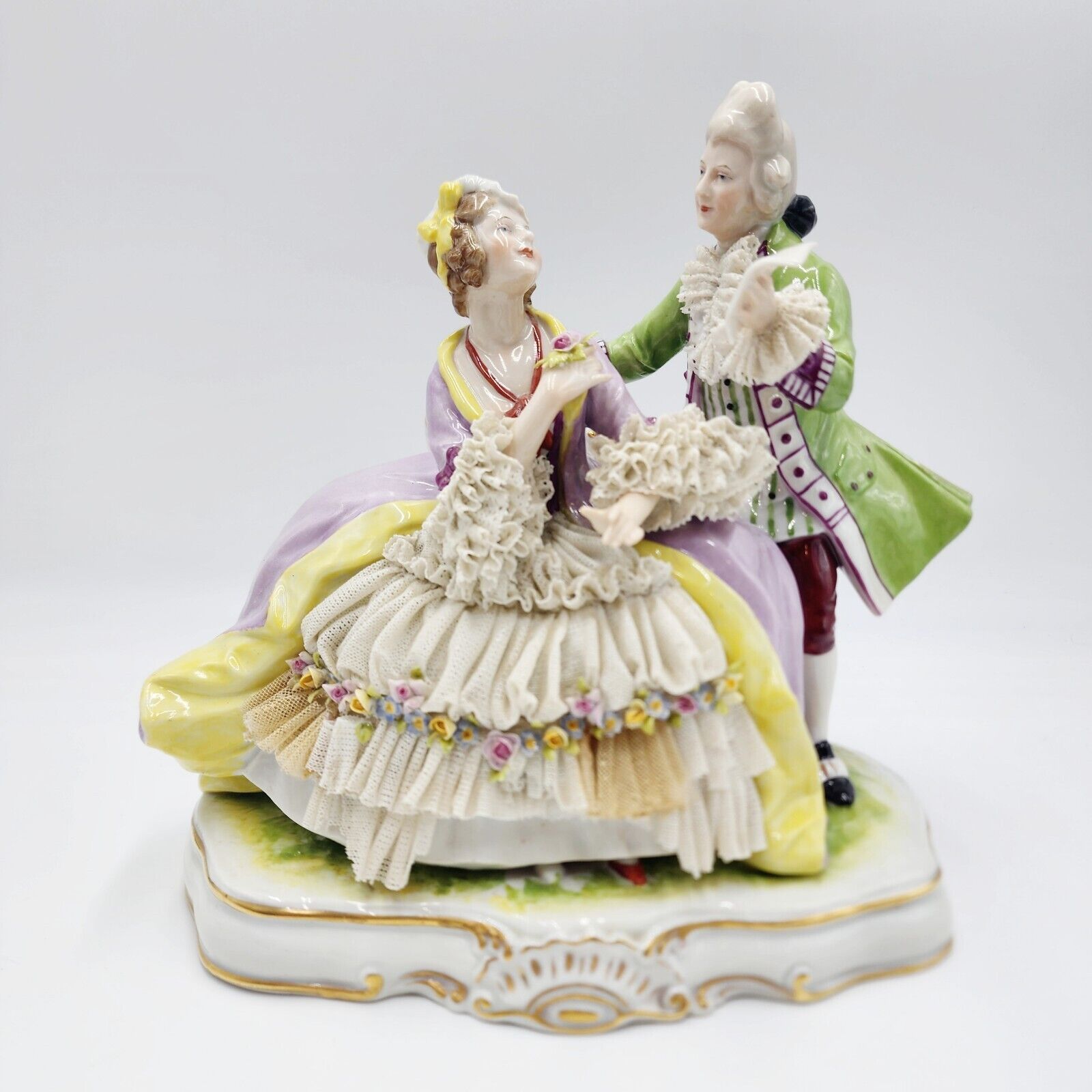 Antique Signed CARL THIEME Dresden Lace Potschappel Figurine Rococo Couple