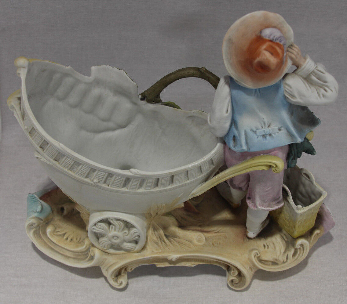 Antique Porcelain Figure of Boy with Cart and Apples - 10 1/2" Tall Figurine 