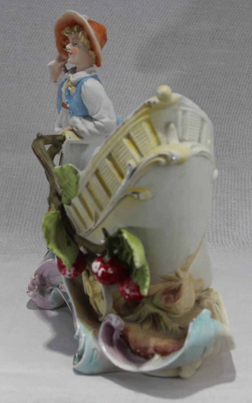 Antique Porcelain Figure of Boy with Cart and Apples - 10 1/2" Tall Figurine 