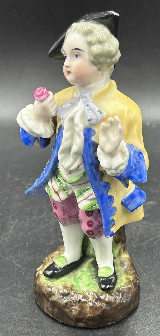 Antique Early 1800s Porcelain Boy W/ Tricorn Hat Flower In Hand 5” Tall