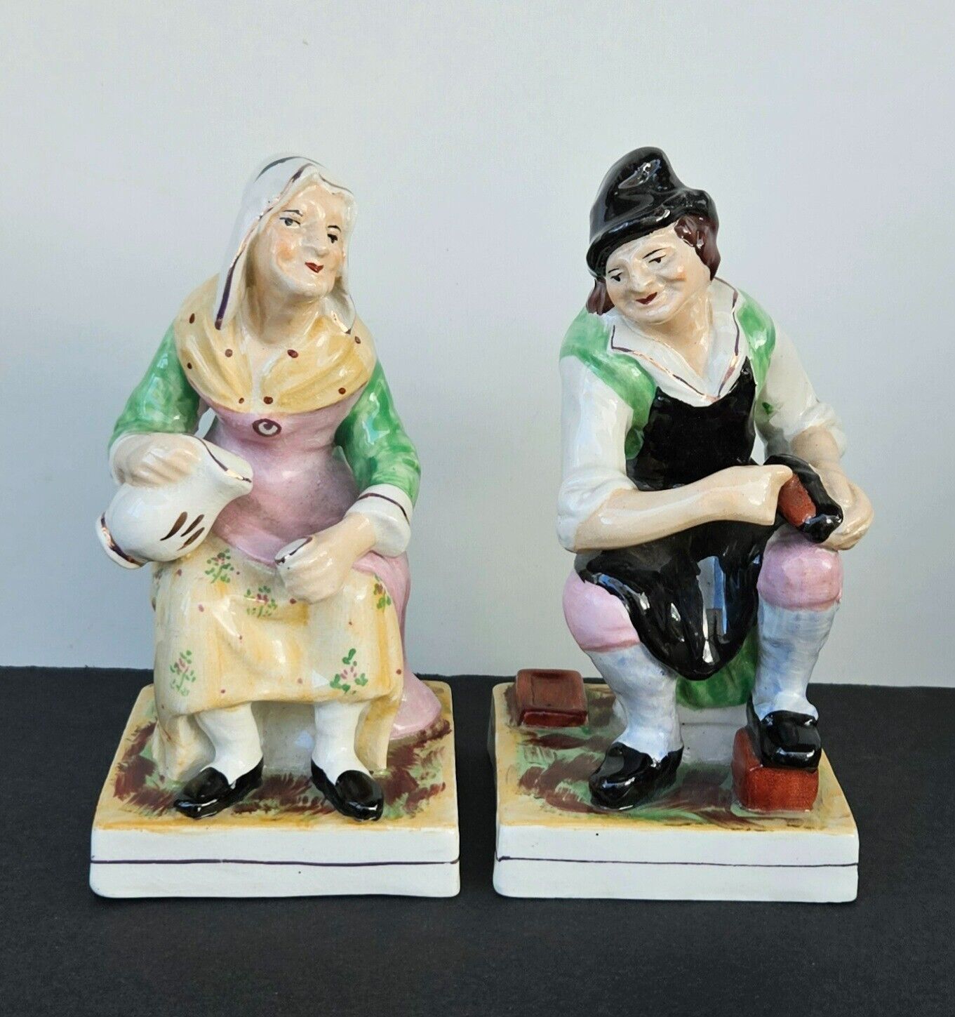 Antique Old Staffordshire Porcelain Figurines Cobbler and His Wife England 1800s