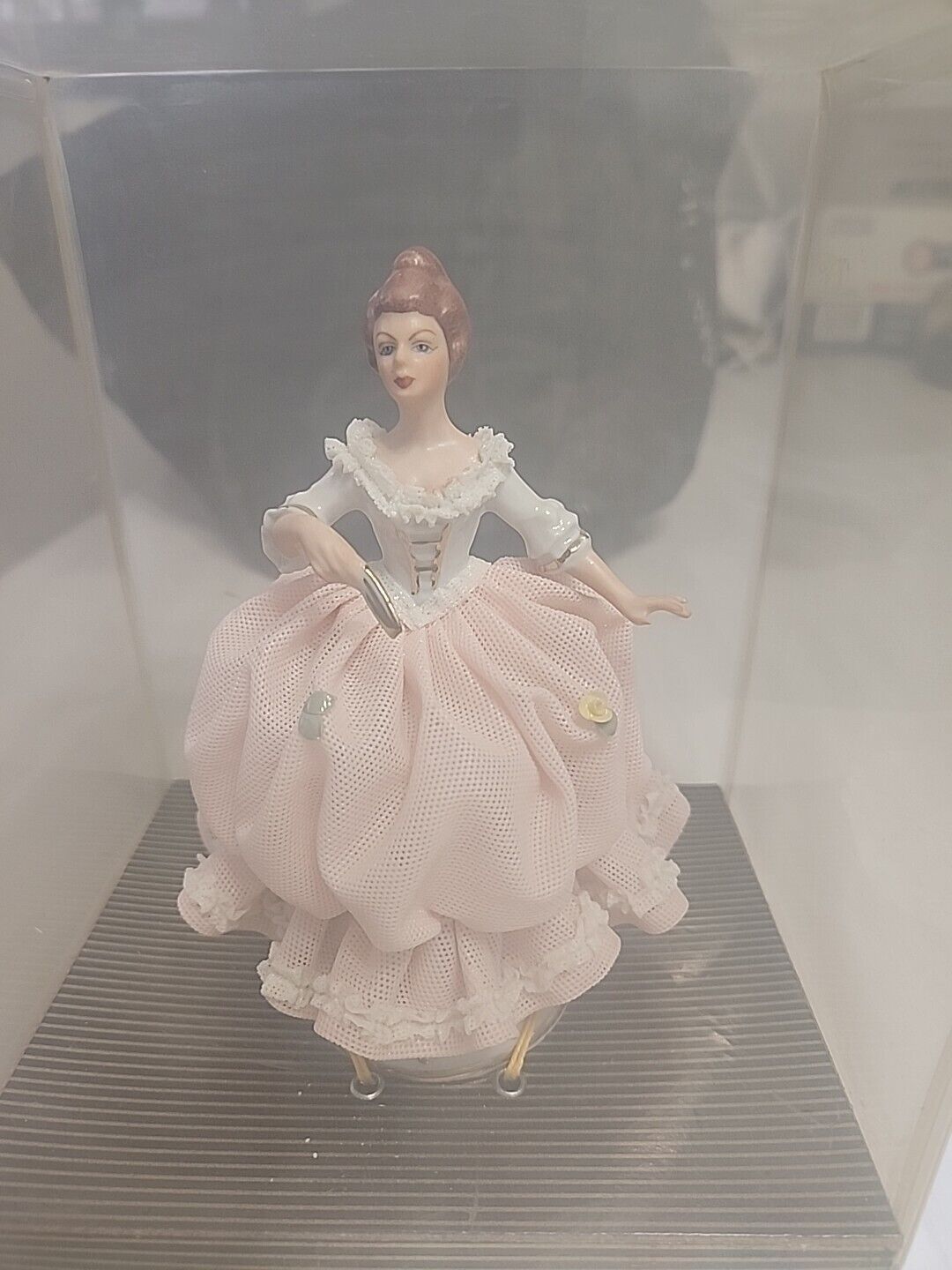 VINTAGE DRESDEN GERMANY LADY IN PINK GOWN FIGURINE 6" NEVER OUT OF BOX