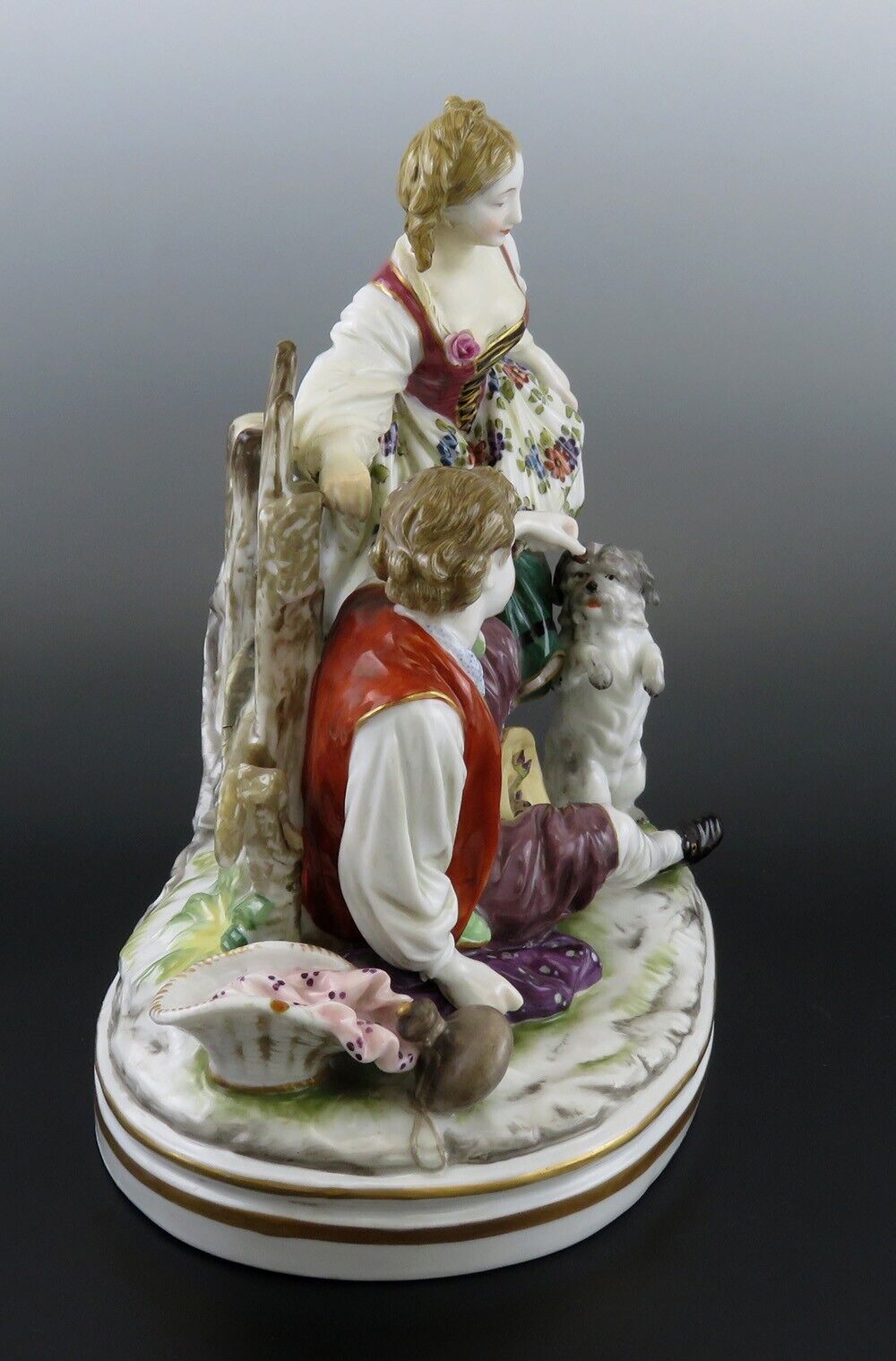 Charming mid 1800s French Porcelain Figural Group Courting Scene Couple and Dog