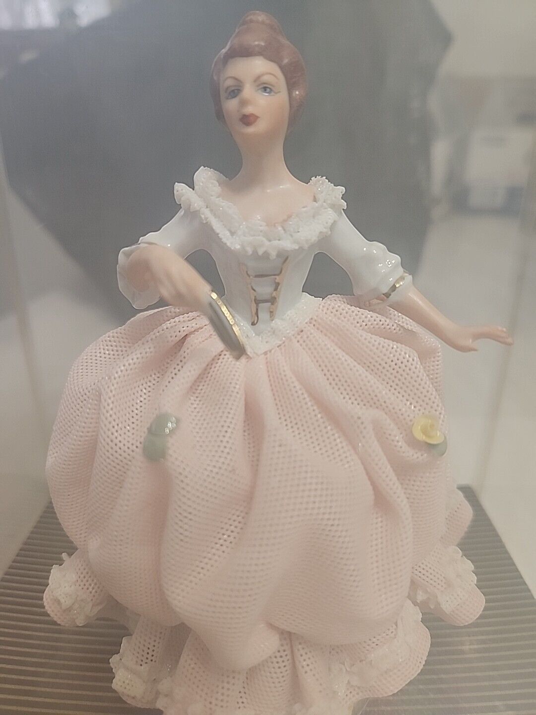 VINTAGE DRESDEN GERMANY LADY IN PINK GOWN FIGURINE 6" NEVER OUT OF BOX