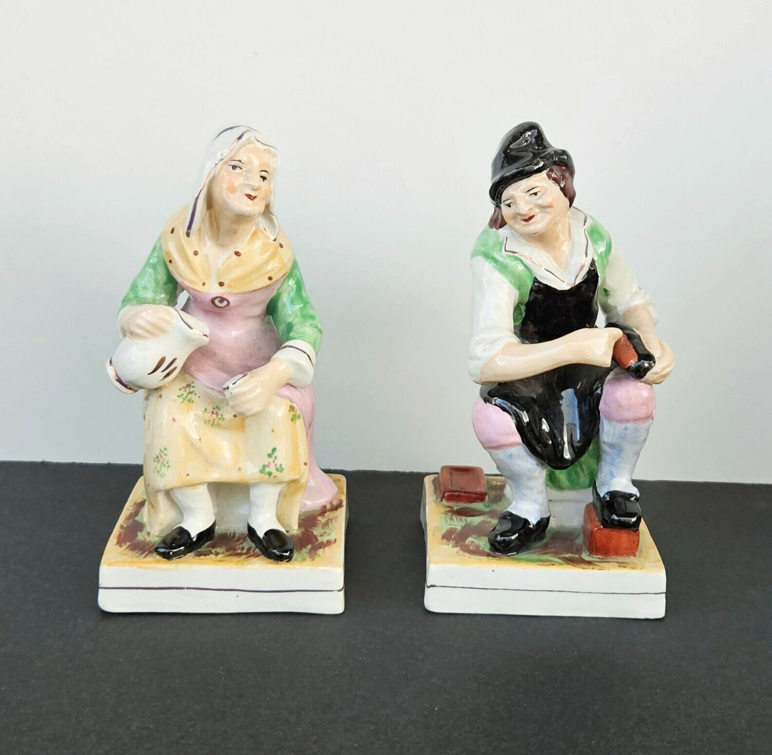 Antique Old Staffordshire Porcelain Figurines Cobbler and His Wife England 1800s