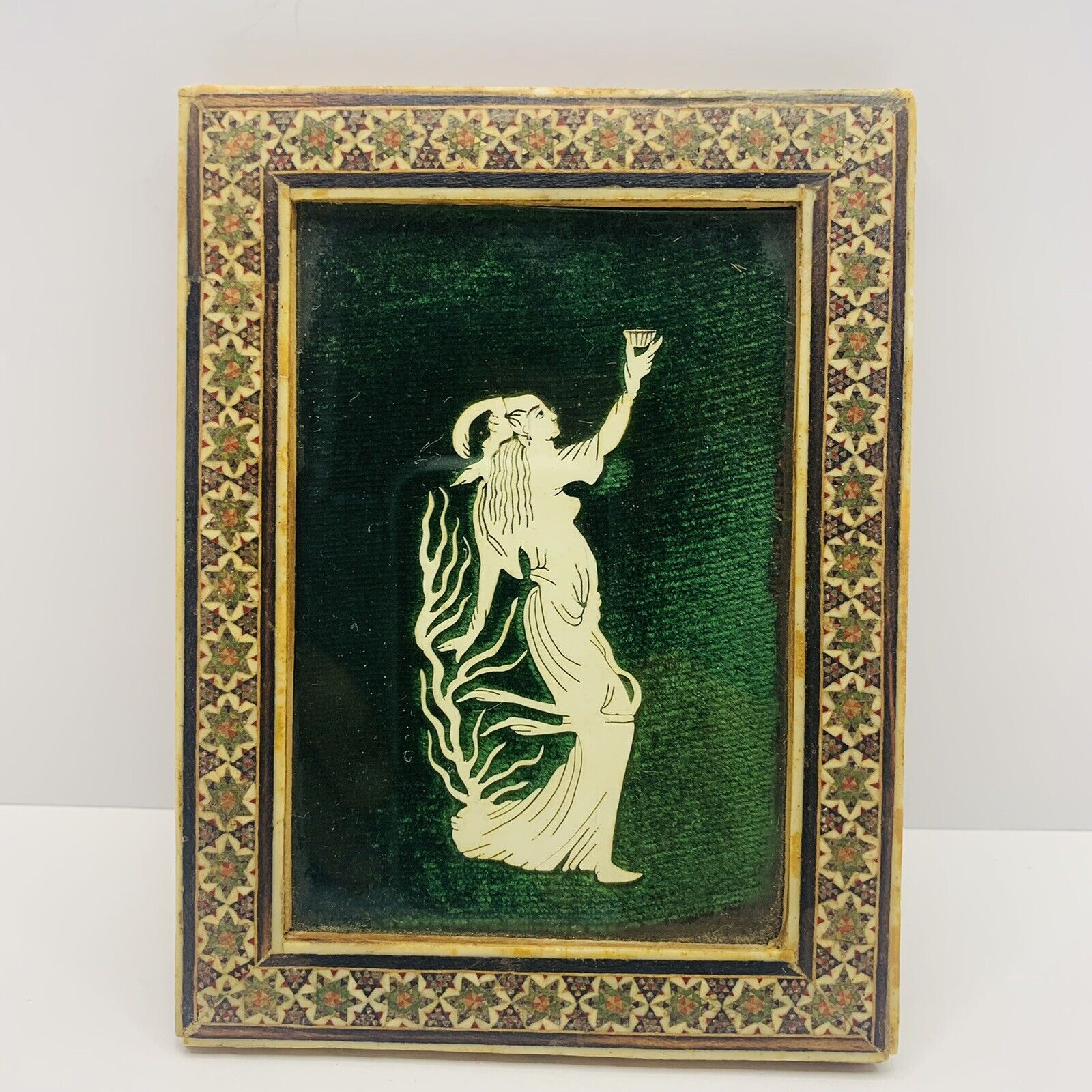 Antique Decor “RARE-GREEK GODDESS HEBE” Hand Made Mosaic Frame W/ Sculpture Art