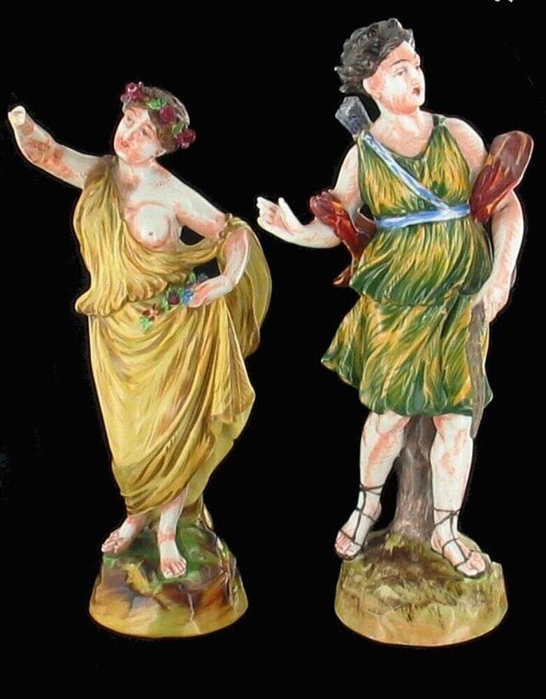 Antique Capodimonte 1800's Goddess Diana & Flora Classical Figurines Italy 8.75